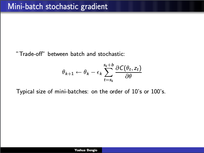 Rather than me butcher his slides, you might be best off just watching the
talk "Speeding Up Stochastic Gradient Descent". It should be available
online