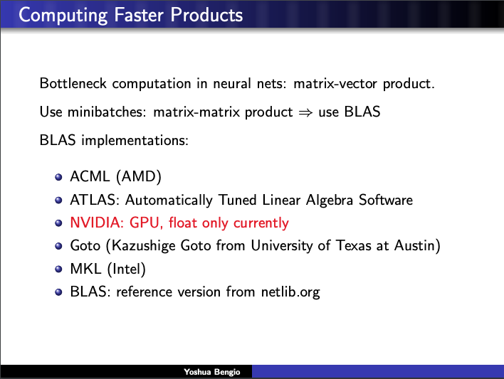 Rather than me butcher his slides, you might be best off just watching the
talk "Speeding Up Stochastic Gradient Descent". It should be available
online