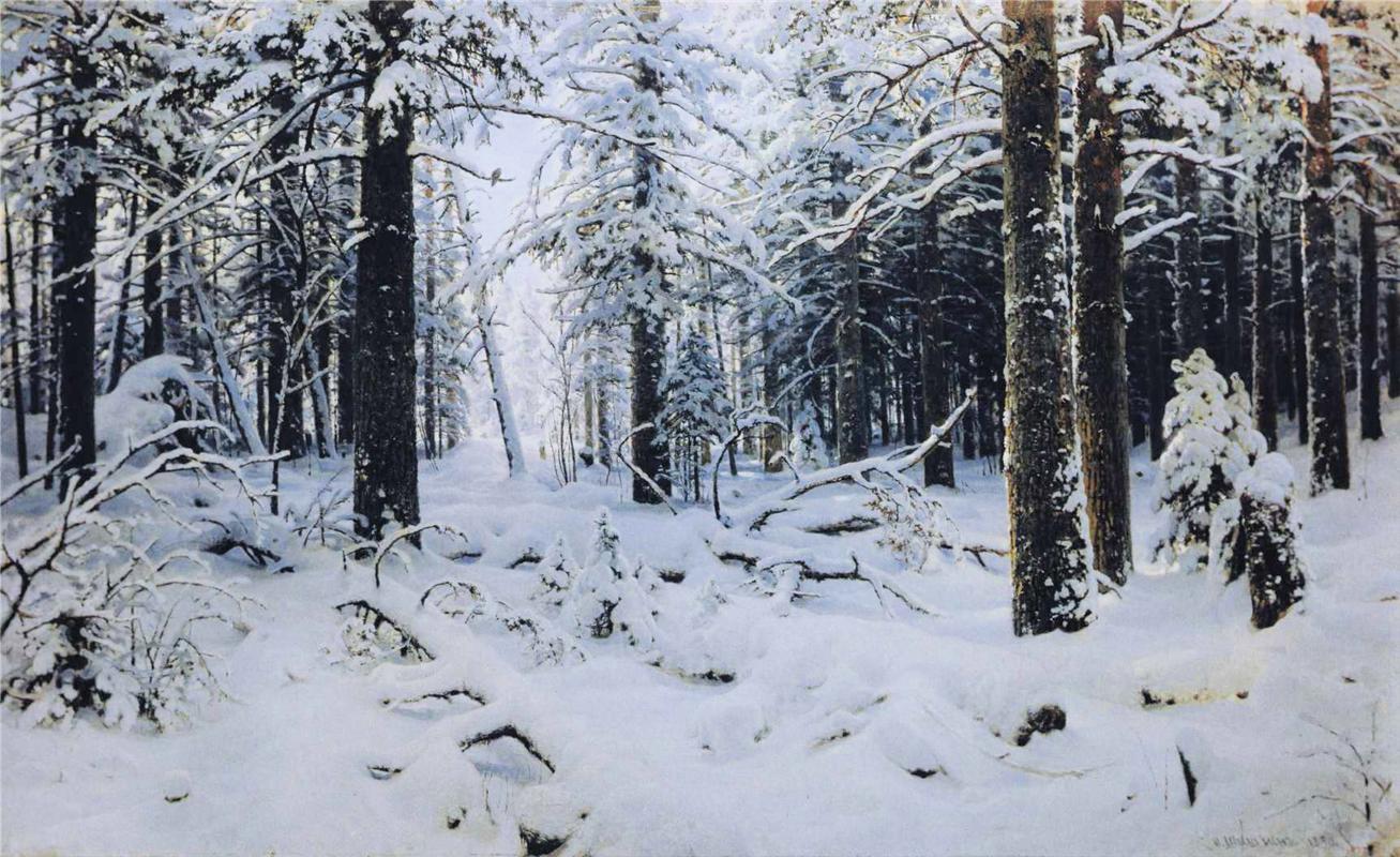 An oil painting of forest, heavily blanketed in snow. A morning or evening
light peaks from 